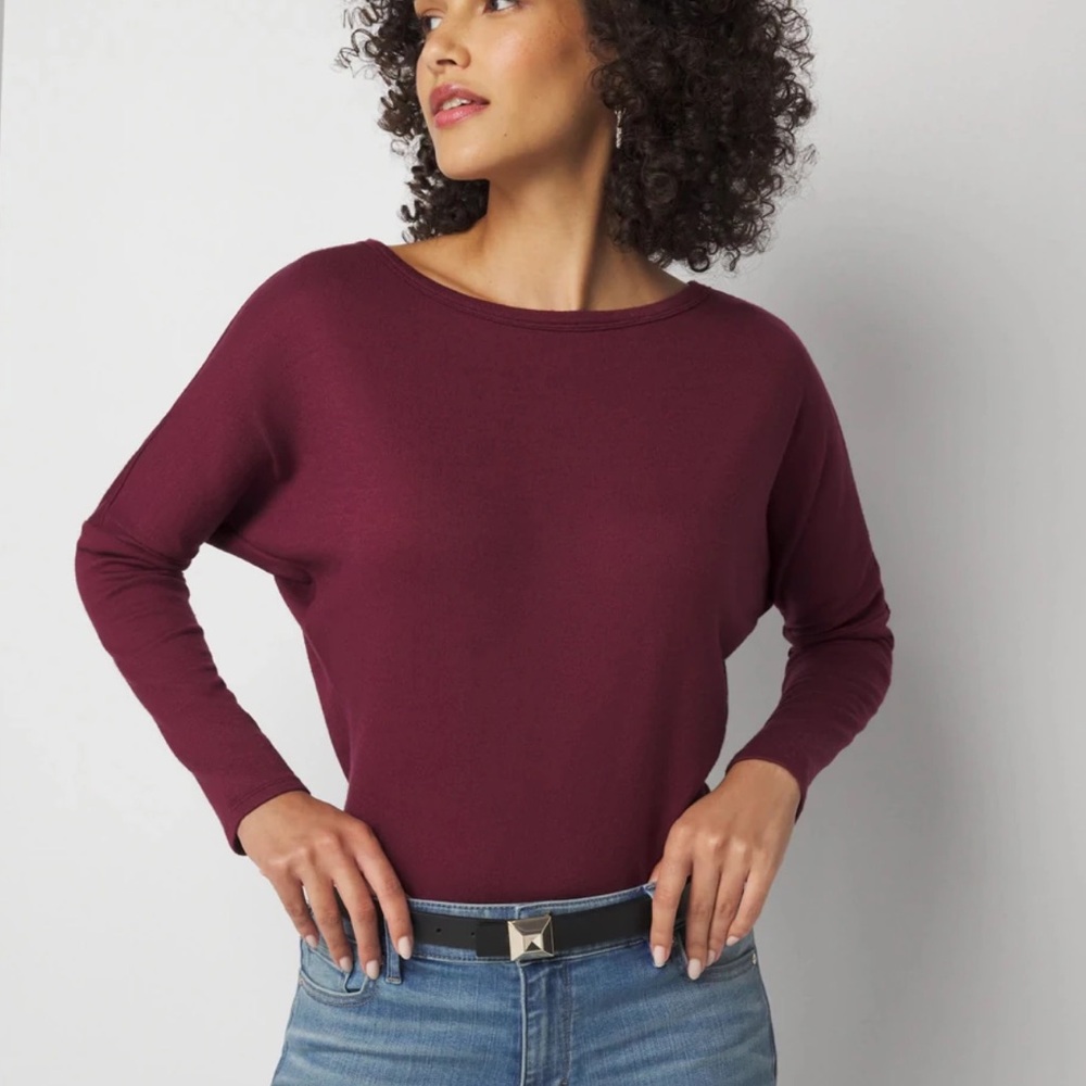 WHBM Burgundy Boat Neck Sweater Tunic Dolman Sleeve Wrap Key Hole Back XL EUC KL